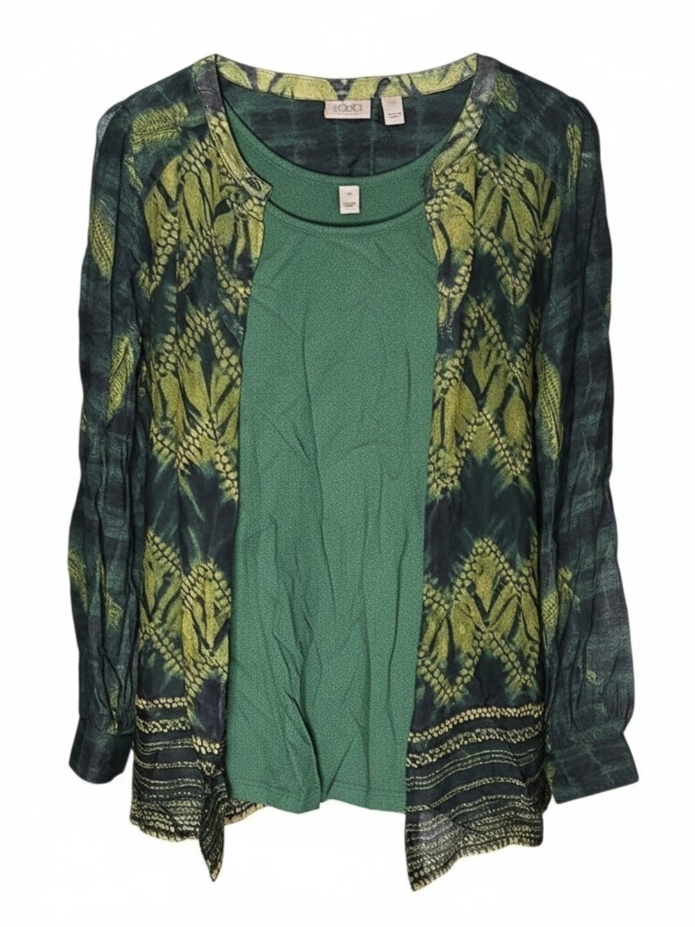 LOGO by Lori Goldstein Green Patterned Open Front Cardigan with Inner Tank